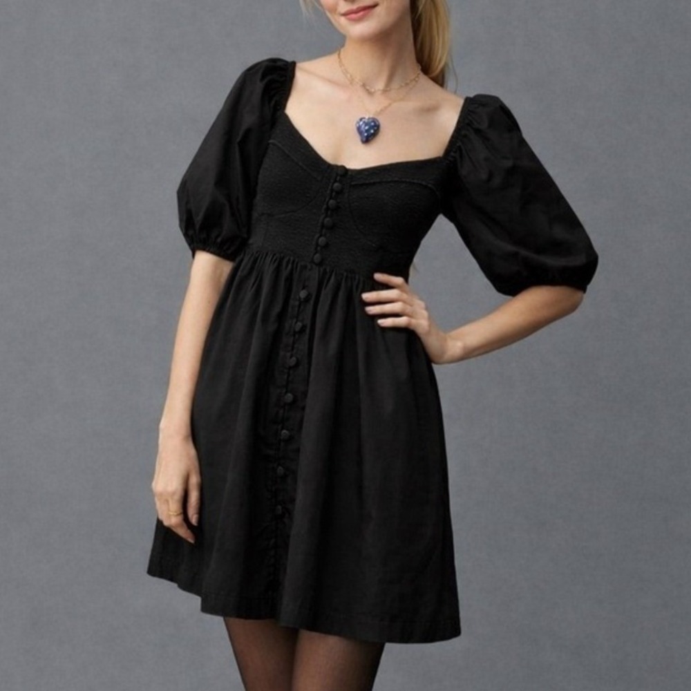 Maeve Anthropologie Mini Dress Women's XS Black Puff Sleeve Sweetheart